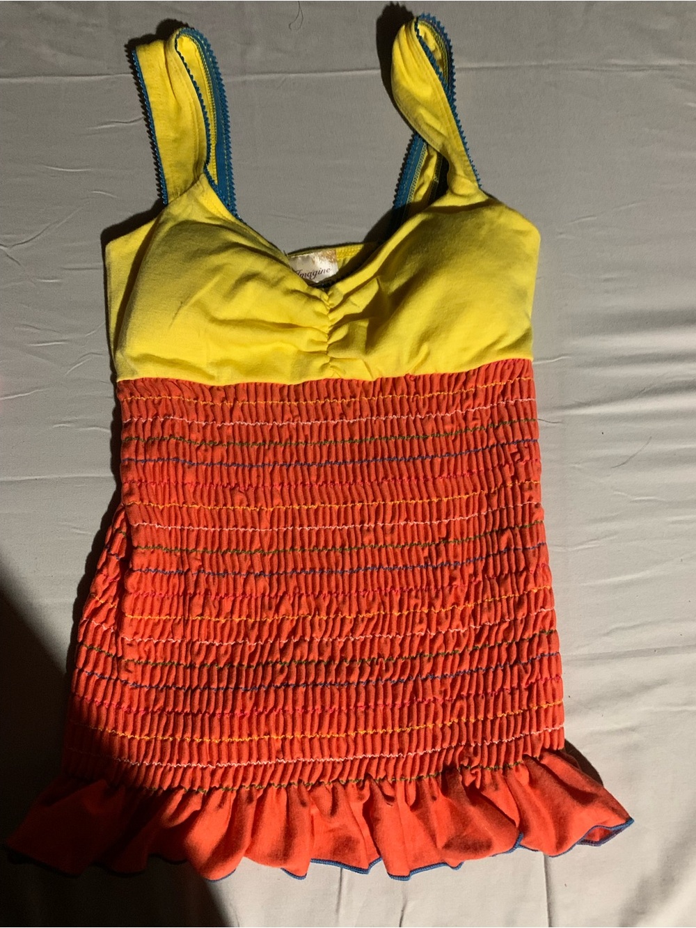 Girls Yellow & Orange Smocked Tank Dress with Ruffle Hem